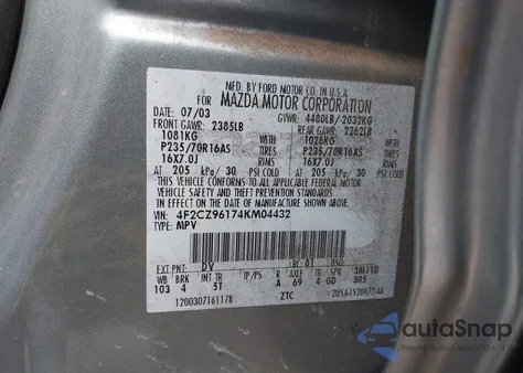 2004 Mazda Tribute Es V6 z USA, uszkodzony, nr VIN 4F2CZ96174KM04432